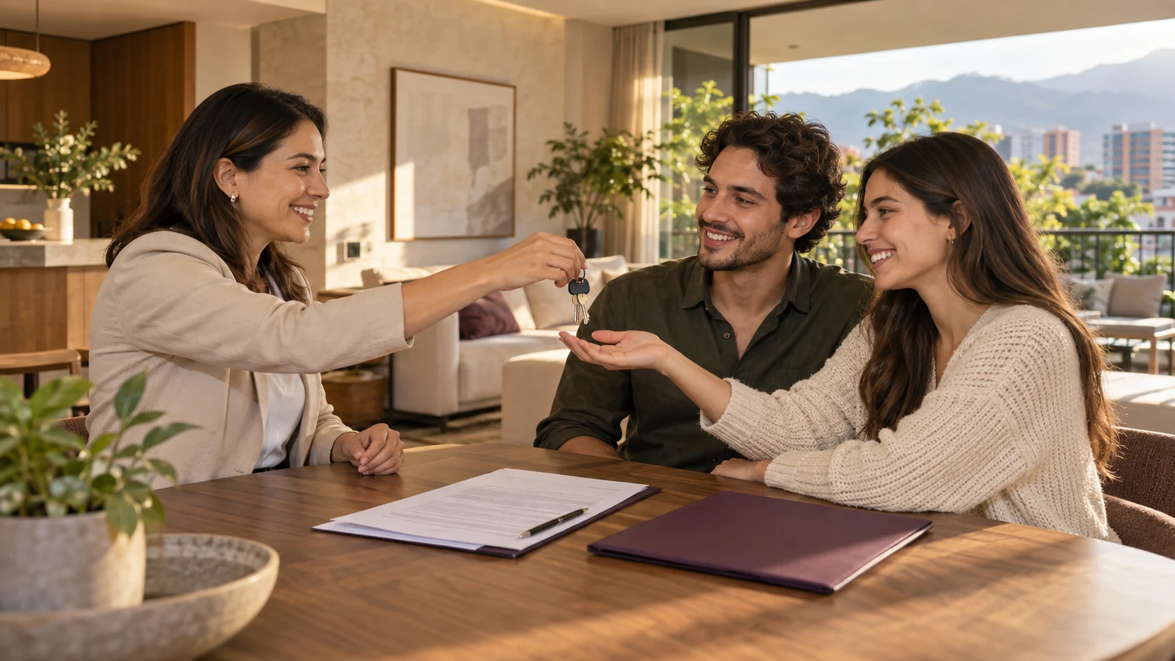 ley-820-2003-arrendamiento-propiedad-horizontal.webp Propietario entregando llaves a una pareja de arrendatarios mientras revisan su contrato en un apartamento