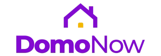 Logotipo de DomoNow: texto en morado y negro, ícono de casita morada con cuadrito amarillo