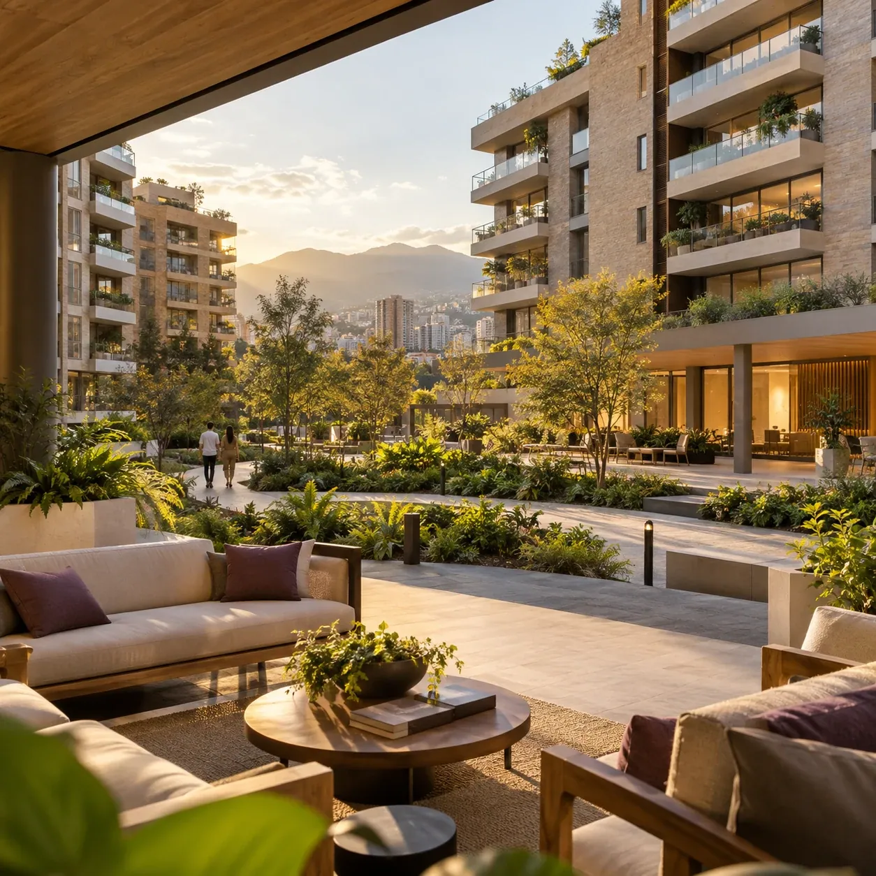 Conjunto residencial colombiano con jardines y zonas comunes