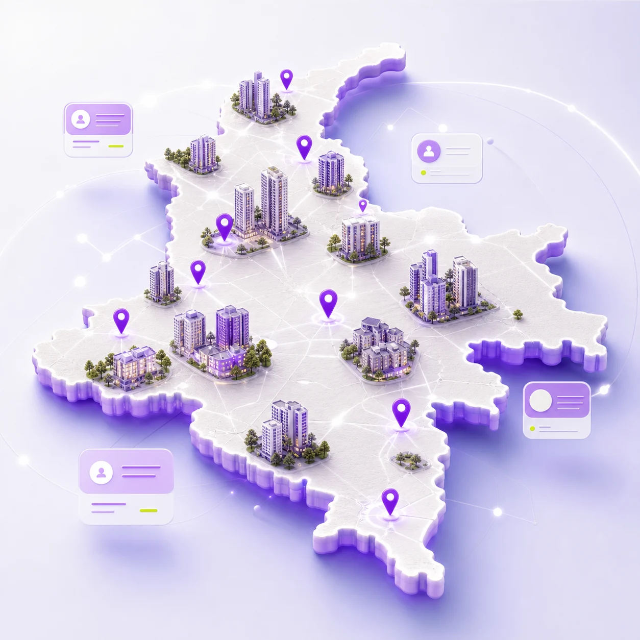 Mapa visual de Colombia con edificios residenciales y oportunidades para socios DomoNow